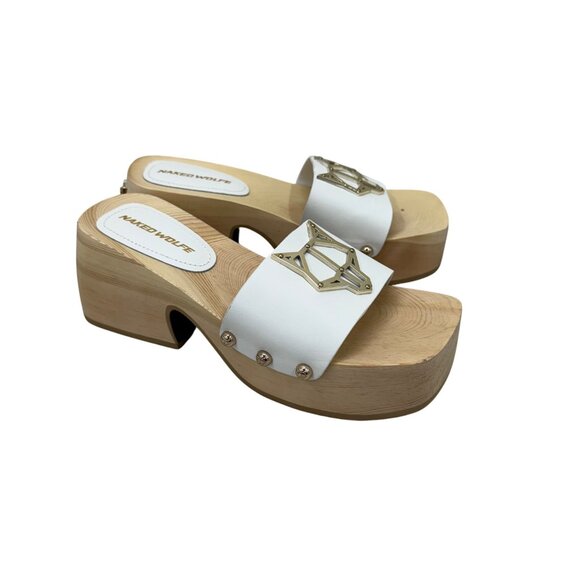 Naked Wolfe Woody Platform White Leather Wooden Heeled Slide Sandals Womens sz 9 - Picture 1 of 9